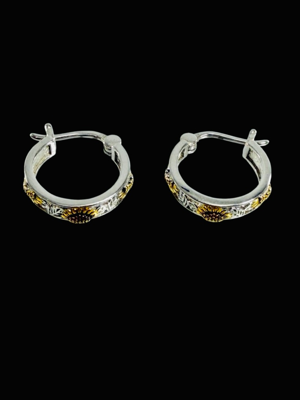 Poplyke Sterling Silver 925 Sunflower Hoop Earrings Floral Hinge Back Snap Close - Picture 4 of 10